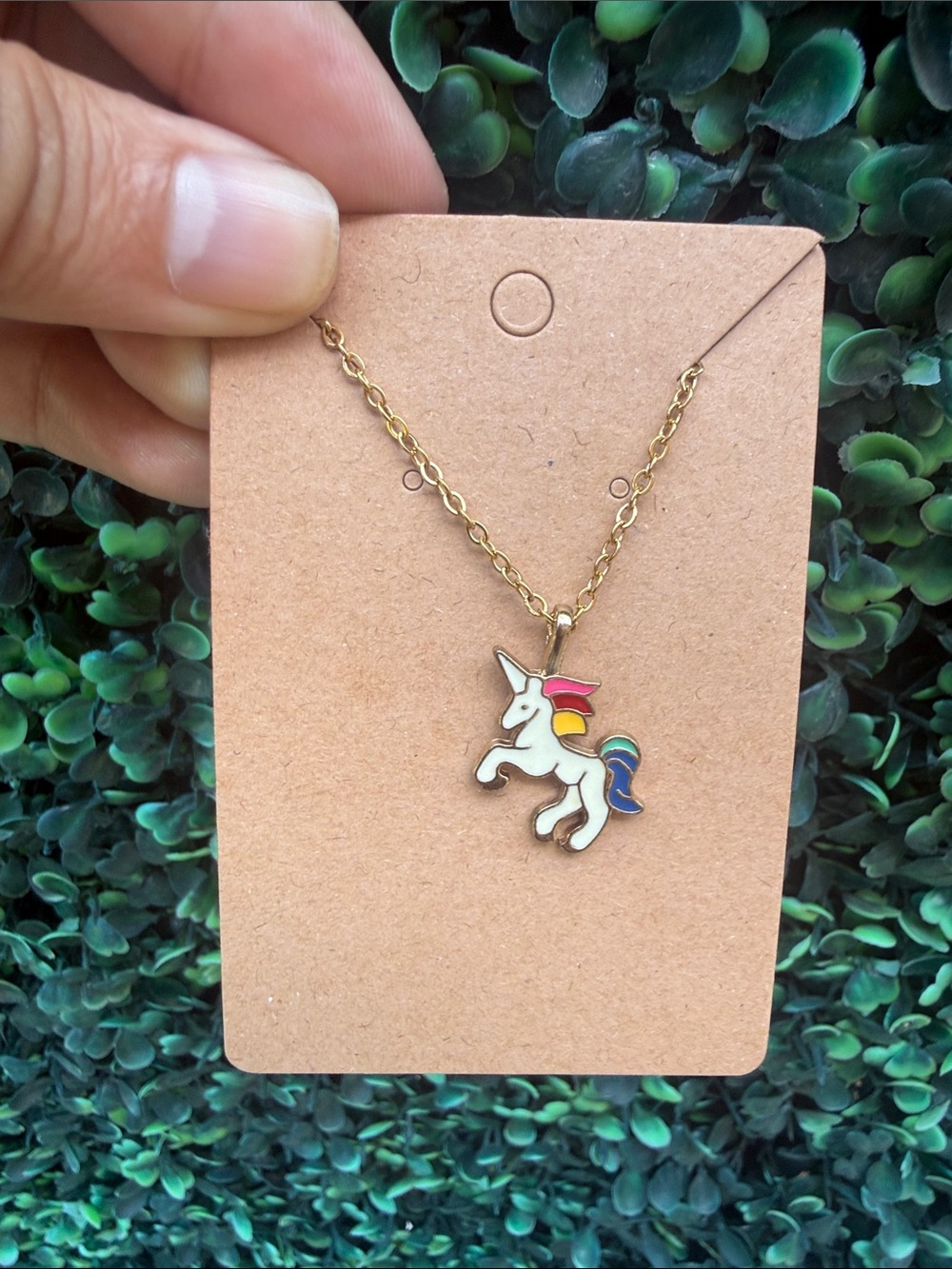 Hand Crafted Gold Unicorn Necklace with White and Rainbow Accents